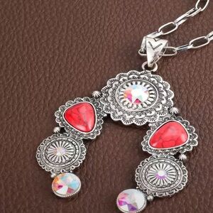 Vintage Silver and Red Ethnic HorseshoeWestern Rhinestones Chain Necklace